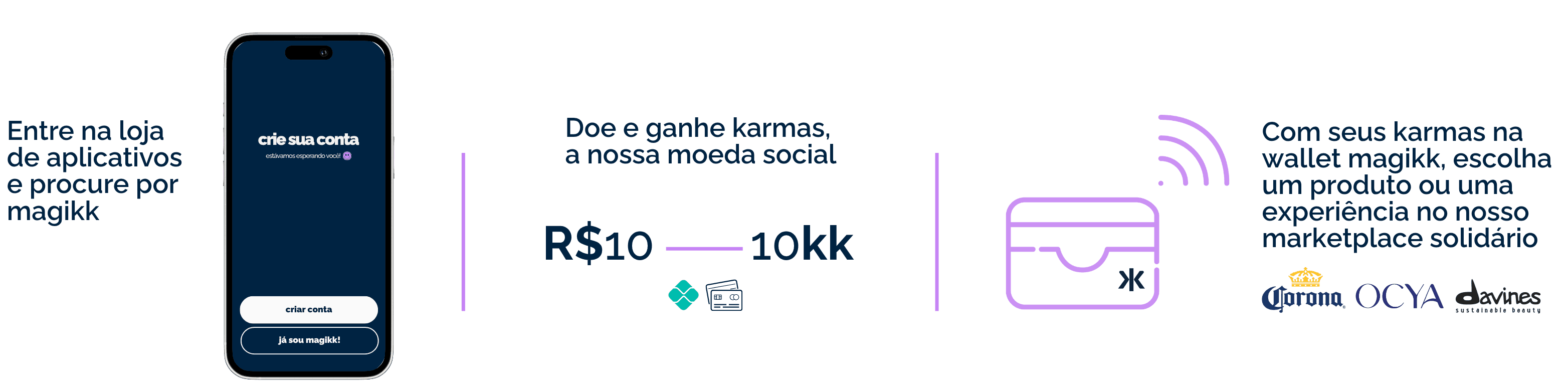 mockup do app magikk com carteira de karma e causas